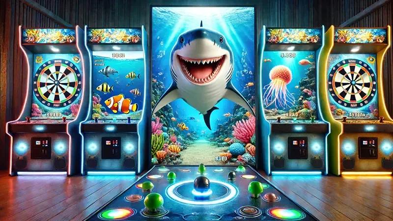 Tampilan mobile game tembak ikan dengan target bawah laut dan efek cahaya